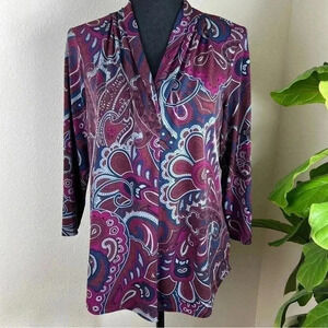 Charter Club Women’s Paisley Navy Fuchsia Gray, V-Neck Top Size Medium
